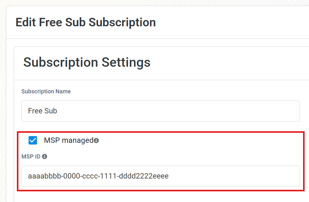 EZCA Cloud PKI Subscription Settings with MSP managed checkbox and MSP ID field highlighted, filled in with an example partner tenant ID