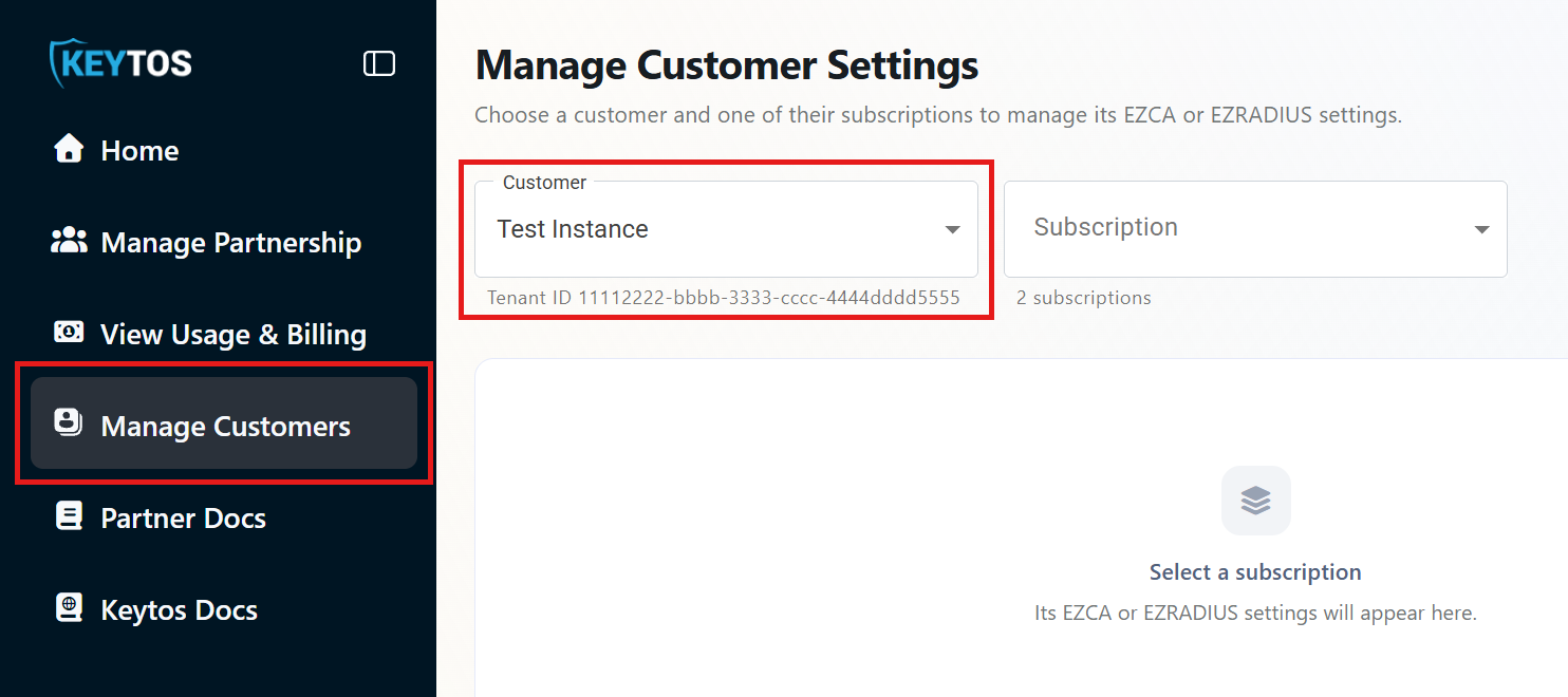 Keytos Partner Portal Manage Customer Settings page with Manage Customers menu option and Customer dropdown highlighted