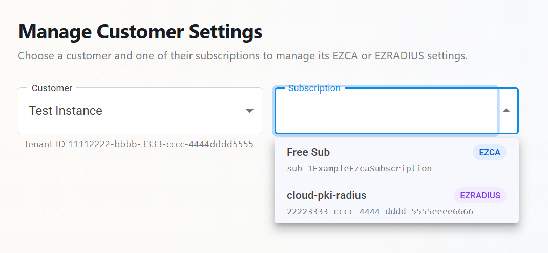 Keytos Partner Portal Subscription dropdown open showing an EZCA Cloud PKI subscription and an EZRADIUS Cloud RADIUS subscription for the selected customer